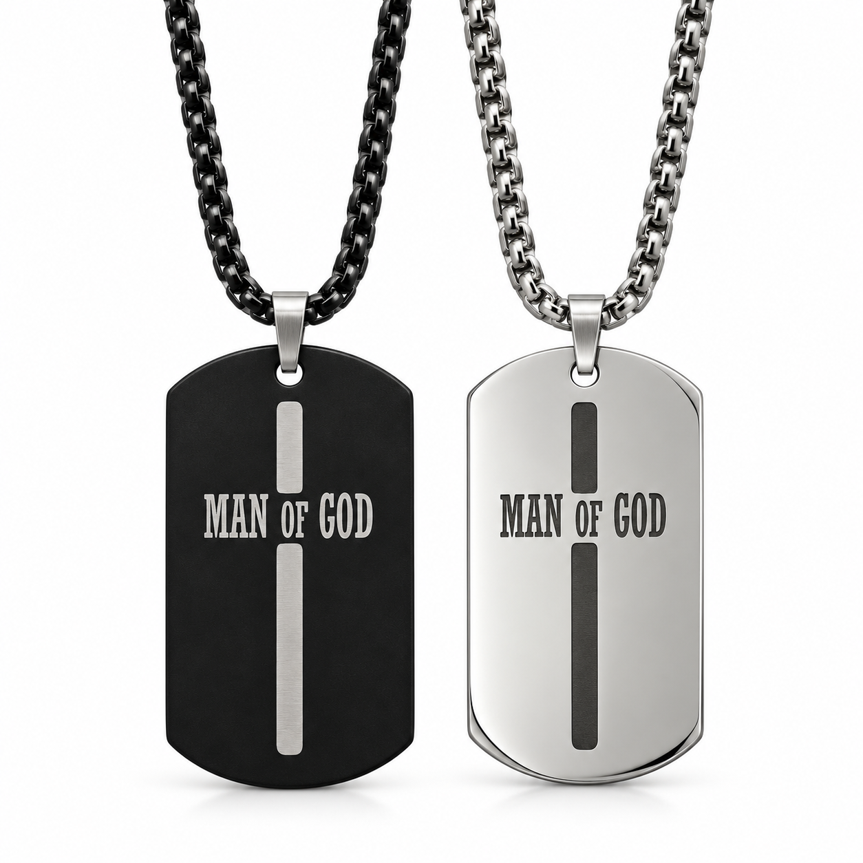 Twee metalen kettinghangers met kettingen, zwart en zilver, met tekst “MAN OF GOD”.