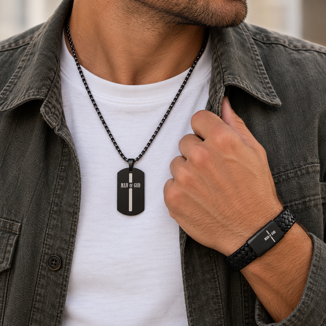 Man draagt zwarte ketting met hanger “MAN OF GOD”, hand met man of god armband, houdt rever vast van grijze blouse.